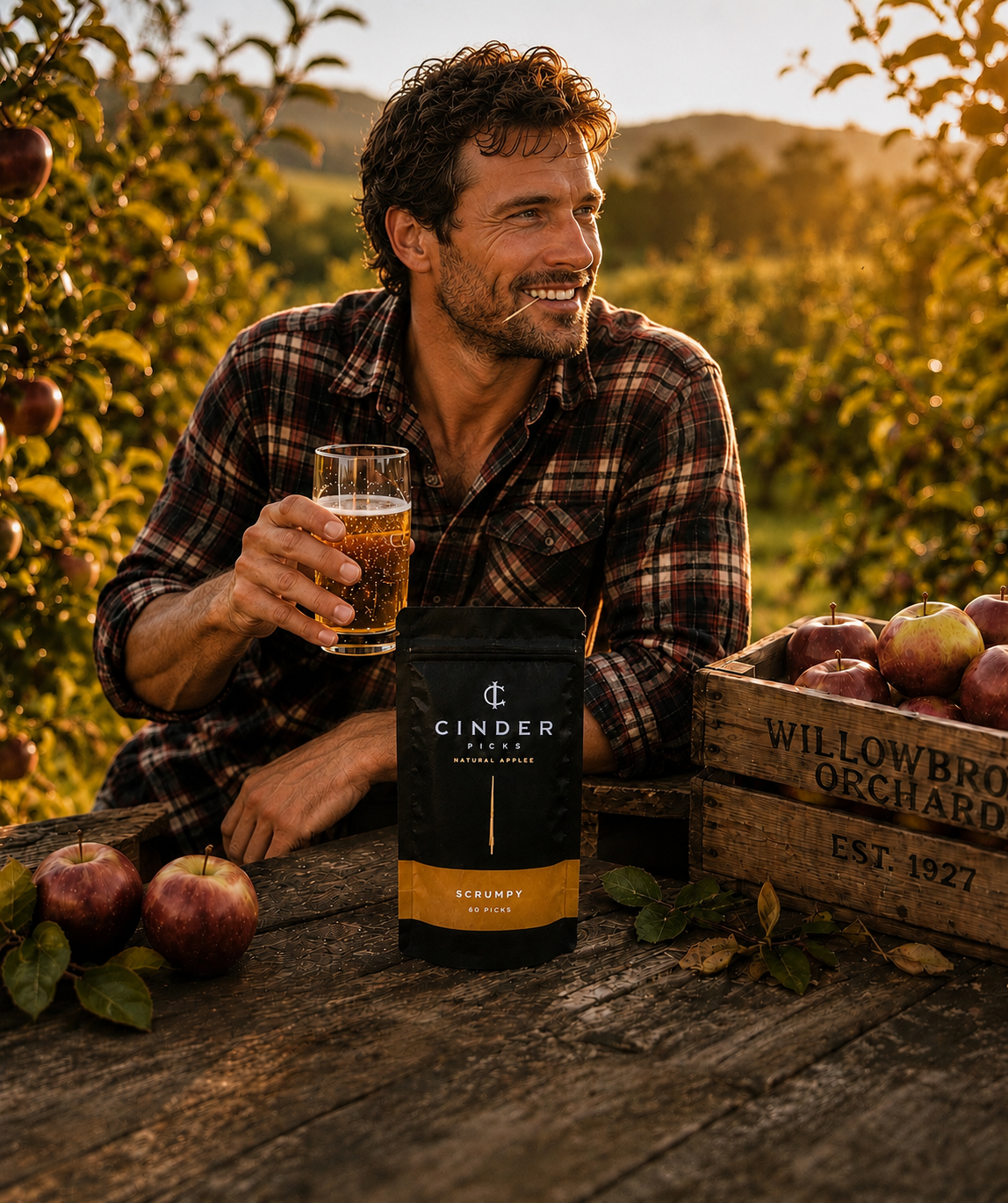 A man holding a glass of high cider with a Cinder Pick in his mouth sitting at a rustic table in an orchard