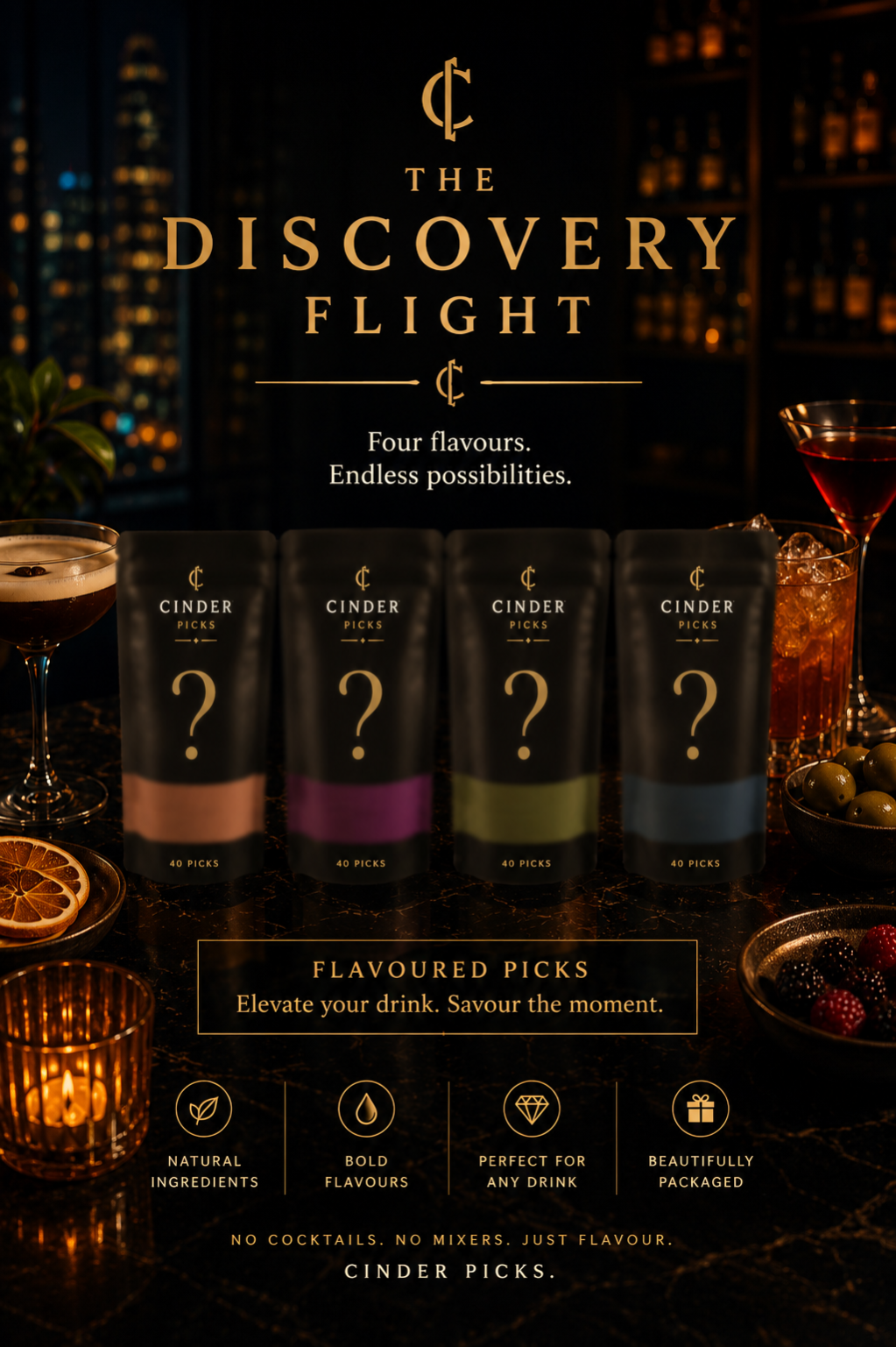 Cinder Picks Discovery Flight packaging with cocktails in the background