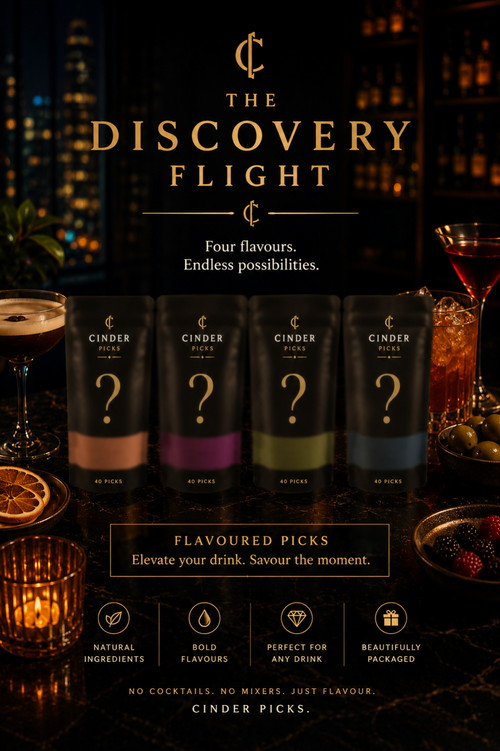 Cinder Picks Discovery Flight packaging with cocktails in the background