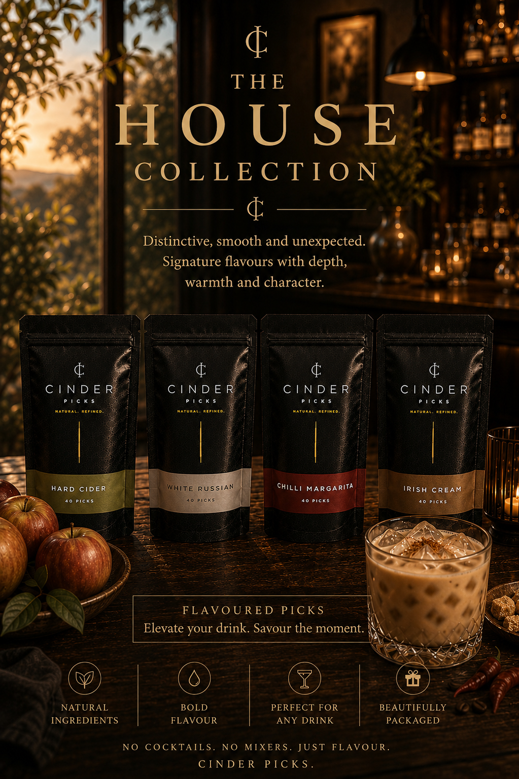 Cinder Picks 'The House Collection' flavoured picks featuring White Russian, Hard Cider, Chilli Margarita and Irish Cream cocktail-inspired flavours