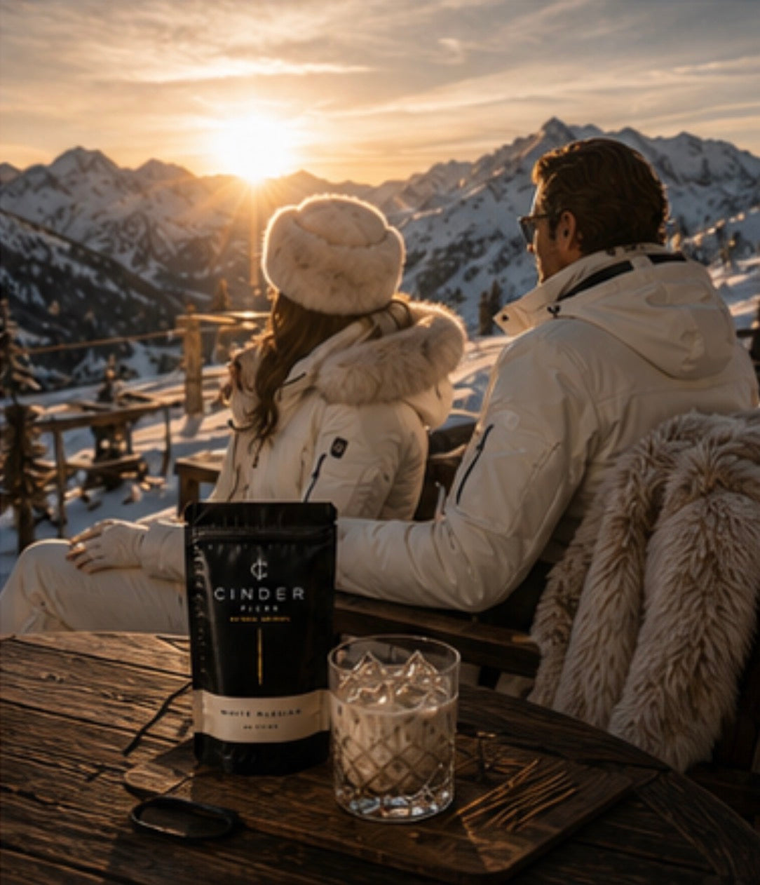 Two people enjoying a sunset view with a pouch of Cinder Picks placed on a table on a snowy mountain.