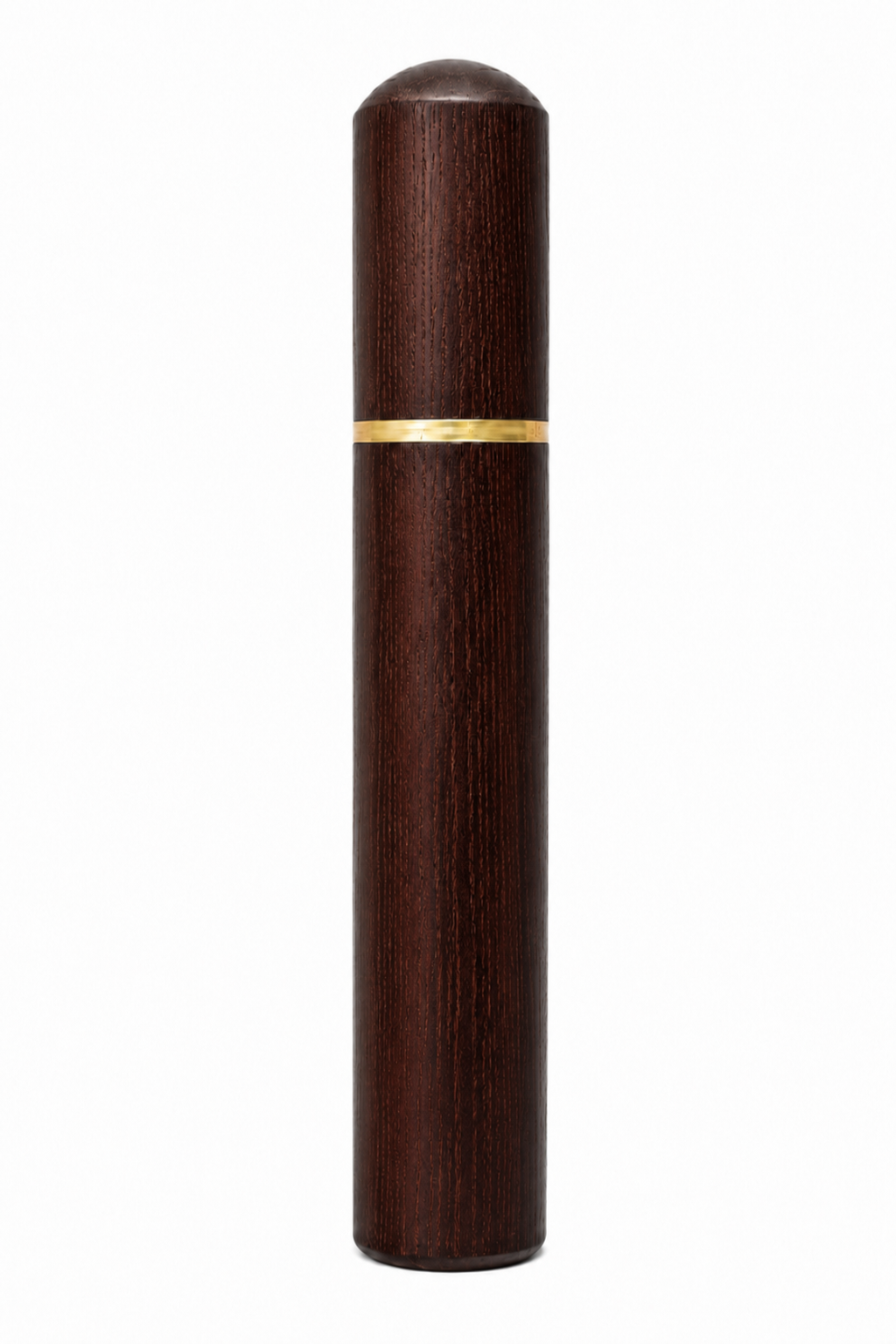 A dark brown wooden cylindrical case with a matching cap and a thin gold band around the middle, isolated on a white background.