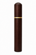 A dark brown wooden cylindrical case with a matching cap and a thin gold band around the middle, isolated on a white background.