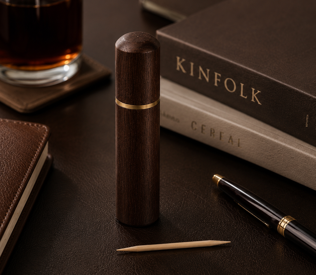 A dark brown wooden toothpick case with a thin gold band, standing upright on a dark leather-like surface. A toothpick lies in front, with a black and gold pen to the right, stacked books including one labelled KINFOLK behind, and part of a glass of amber liquid at upper left