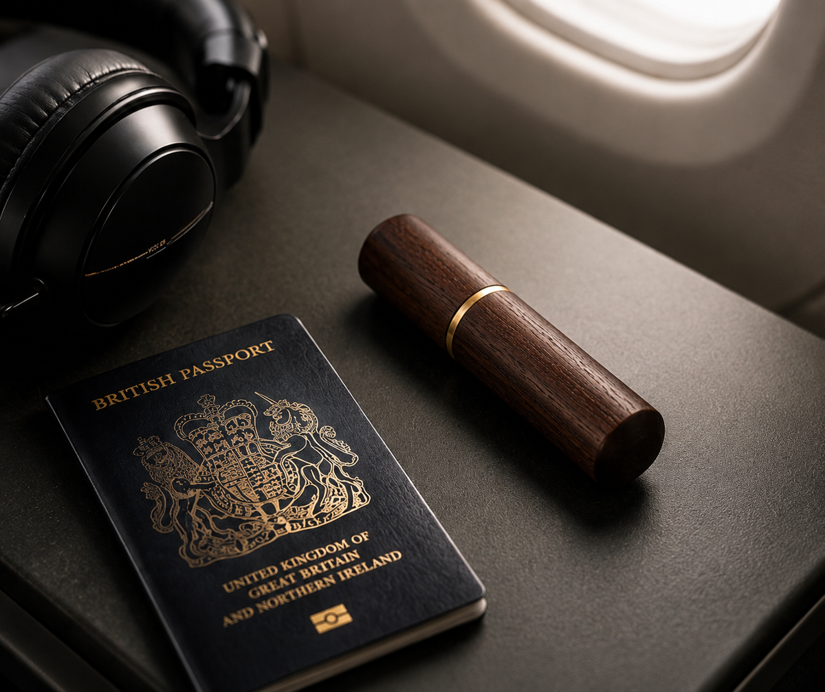 A dark wooden cylindrical travel accessory with a gold band lies on a gray airplane seat next to a British passport and black over-ear headphones near the window.