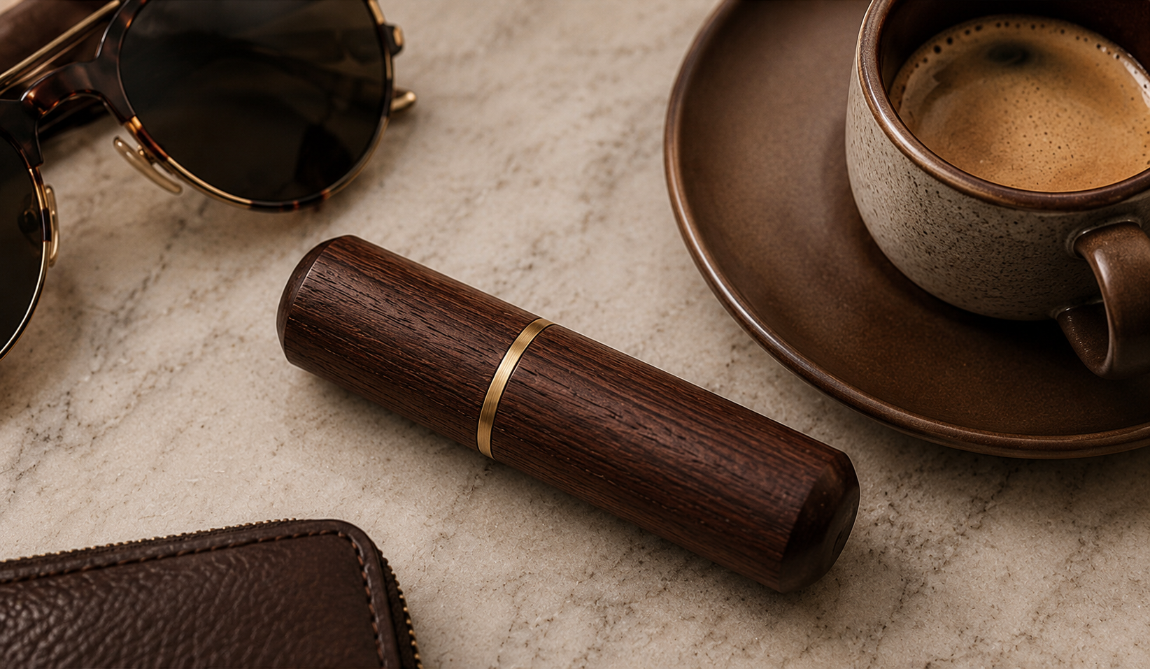 A dark brown wooden cylindrical case with a gold band, shown on a marble surface with a coffee cup, sunglasses, and a leather wallet nearby.